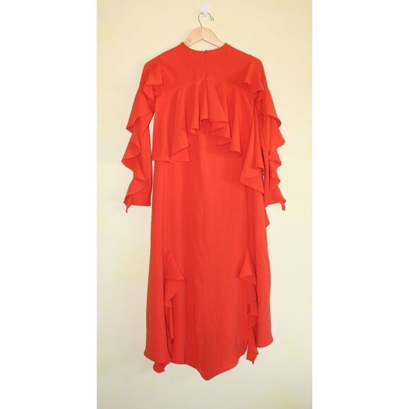 ZARA Hot Chile Ruffle Midi Dress size Small Orange Long Sleeves Pull over - Picture 9 of 9